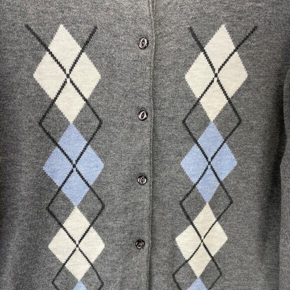 Casual Corner Annex Argyle Button Up Cardigan Sweater Gray Blue White Med Petite - Picture 2 of 11